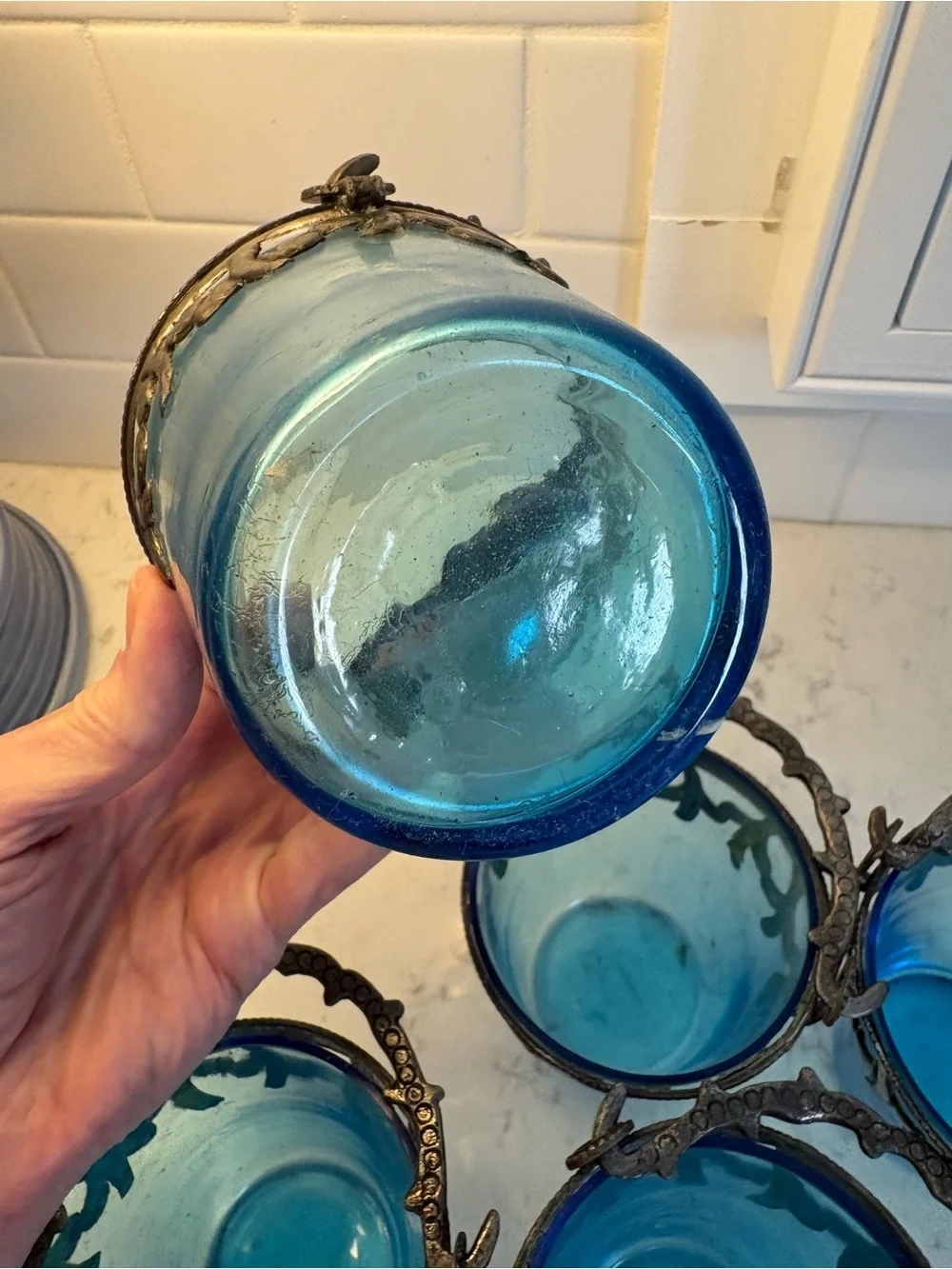Decorative Blue Glass Tea Light Holders with Ornate Metal Handles